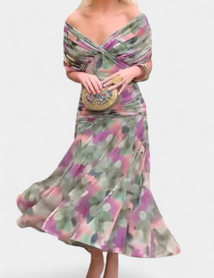 Women's Elegant Off-Shoulder Midi Dress Draped Ruched Bodice Floral Feminine Wedding Guest, Party – Lowenna