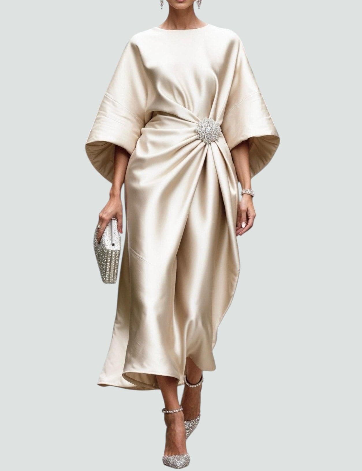 Women's Elegant Satin Midi Dress Wrap Style Long Sleeve Formal Party Wedding Guest – Coralyeth