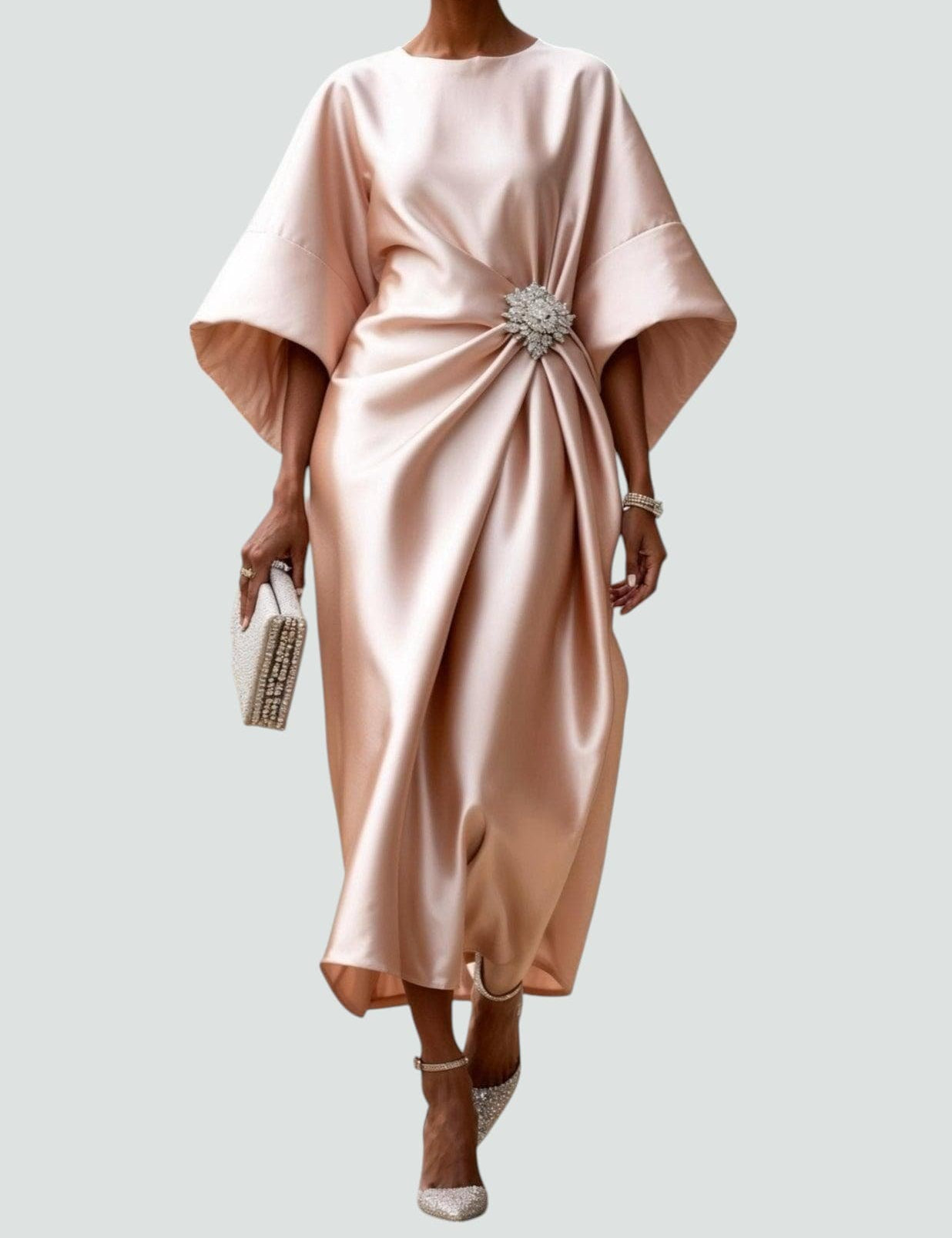 Women's Elegant Satin Midi Dress Wrap Style Long Sleeve Formal Party Wedding Guest – Coralyeth