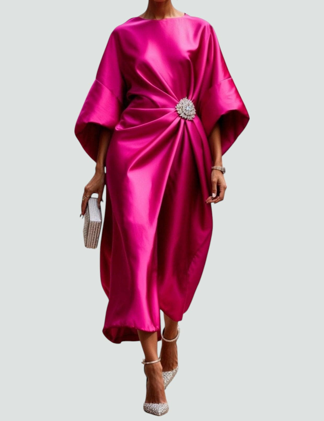 Women's Elegant Satin Midi Dress Wrap Style Long Sleeve Formal Party Wedding Guest – Coralyeth