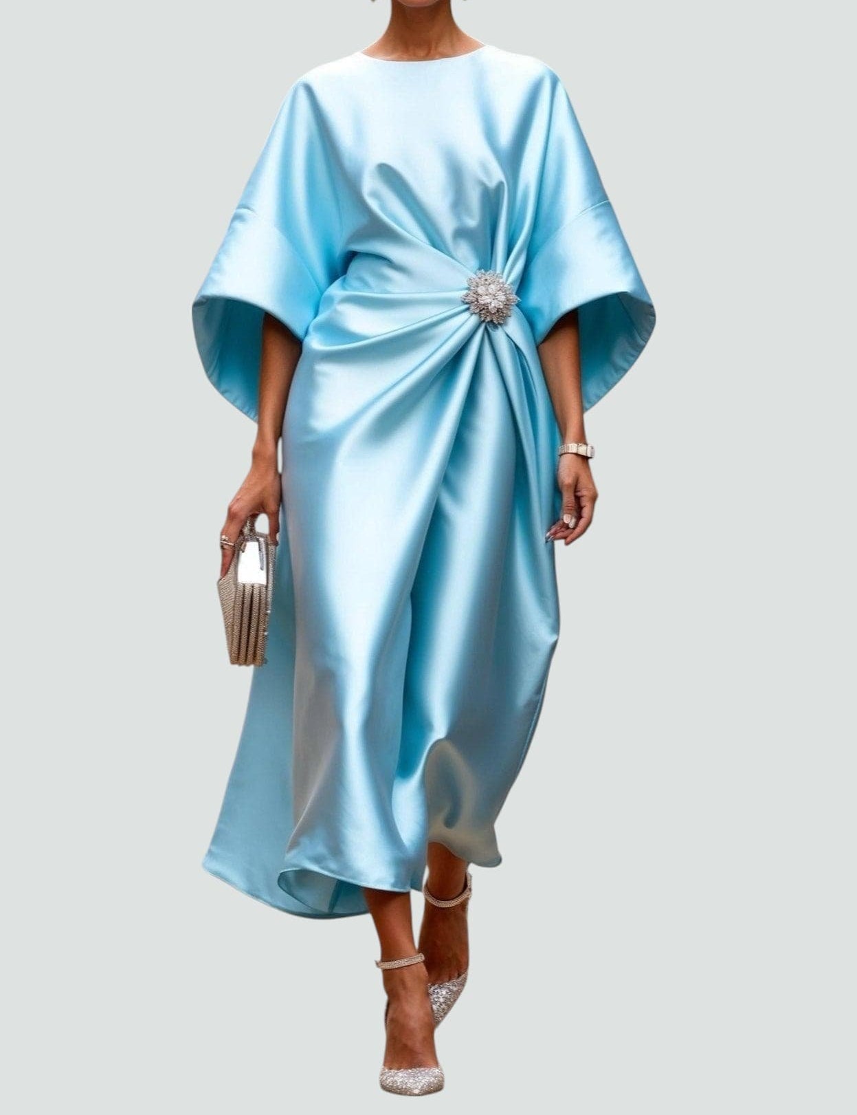 Women's Elegant Satin Midi Dress Wrap Style Long Sleeve Formal Party Wedding Guest – Coralyeth