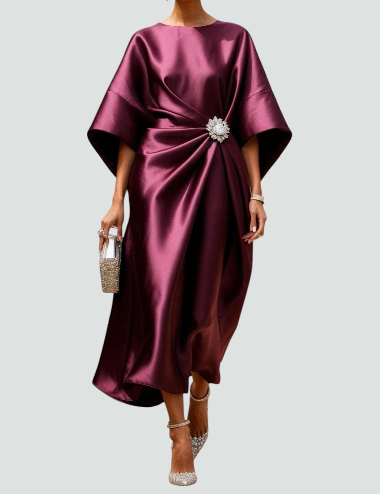 Women's Elegant Satin Midi Dress Wrap Style Long Sleeve Formal Party Wedding Guest – Coralyeth