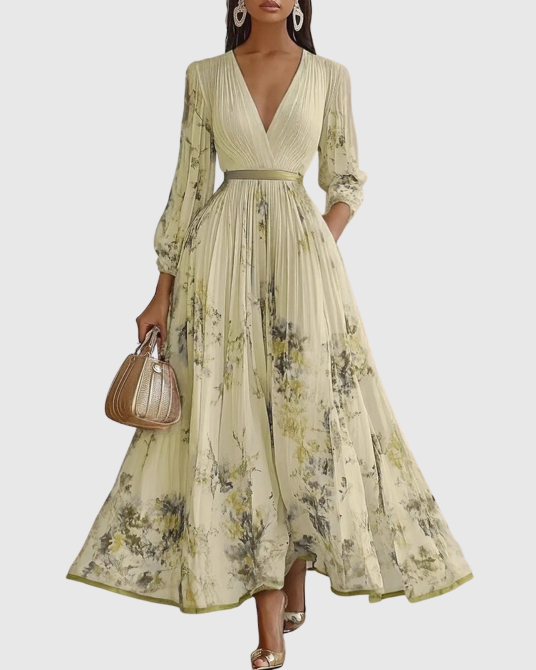Women's Elegant Pleated Floral Midi Dress V-Neck Long Sleeve Ribbon Waist Formal Casual – Rowella