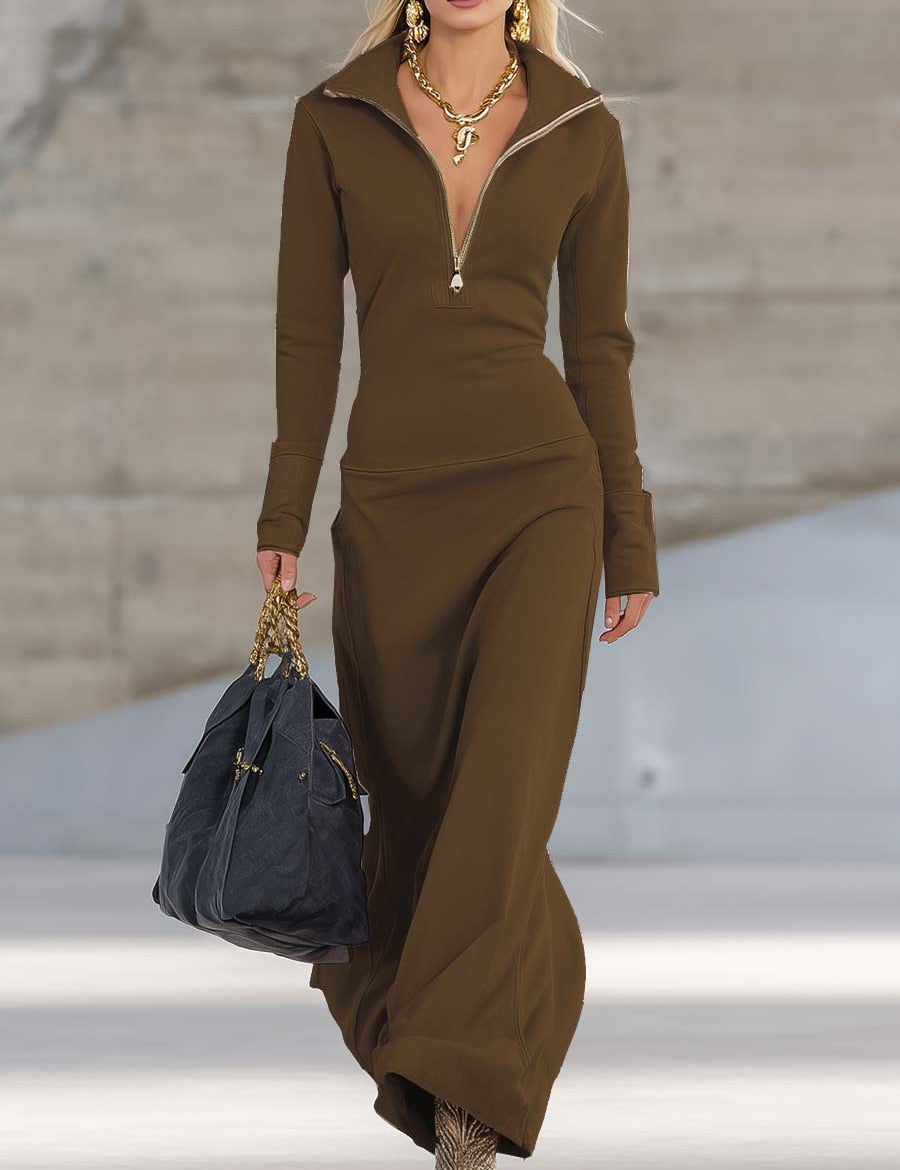 Women's Sporty V-Neck Zip Long Dress Long Sleeve Fitted Casual Formal Party Cowgirl Elegant