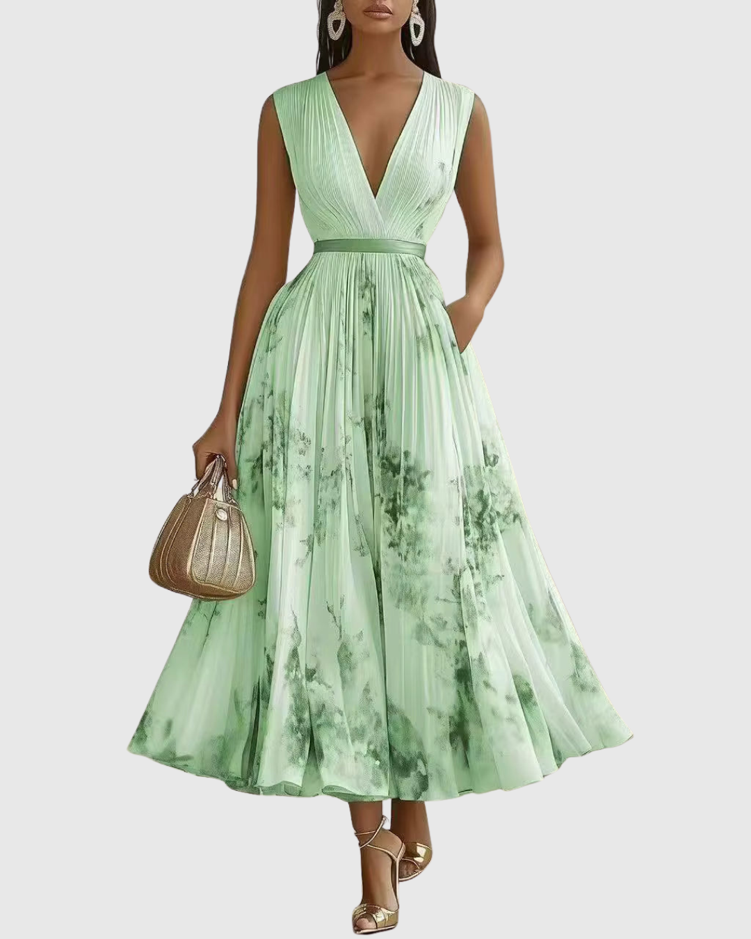 Women's Elegant Pleated Floral Midi Dress V-Neck Long Sleeve Ribbon Waist Formal Casual – Rowella