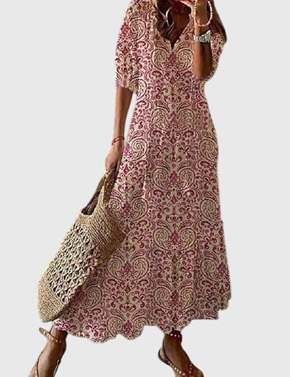 Women's Boho Vintage Summer Midi Dress Floral Print Short Sleeve Casual Feminine Chic – Amalia