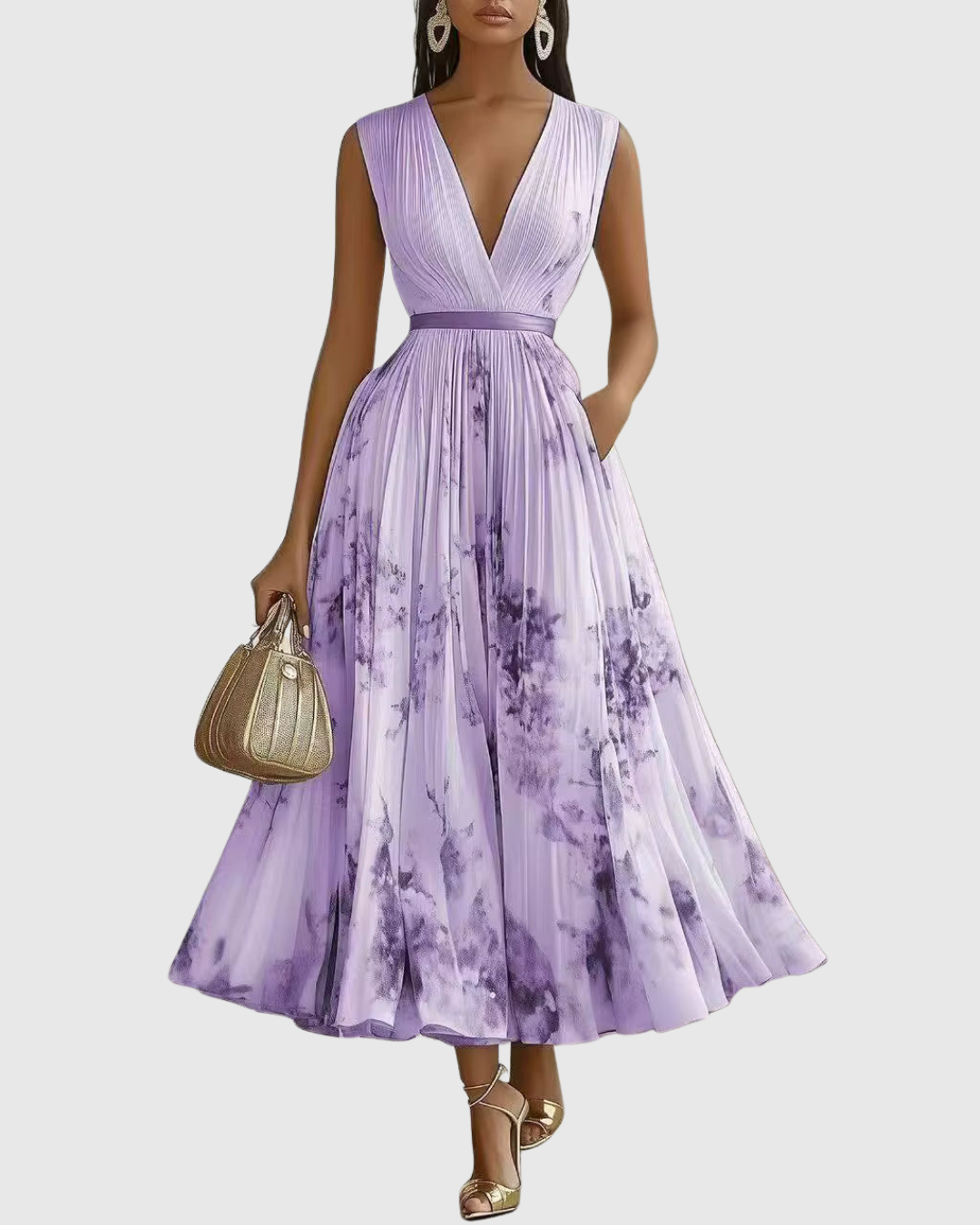 Women's Elegant Pleated Floral Midi Dress V-Neck Long Sleeve Ribbon Waist Formal Casual – Rowella