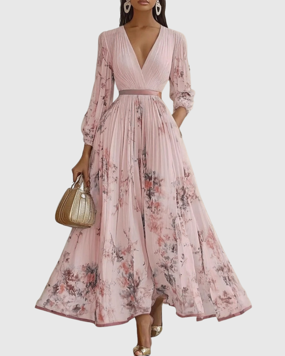 Women's Elegant Pleated Floral Midi Dress V-Neck Long Sleeve Ribbon Waist Formal Casual – Rowella