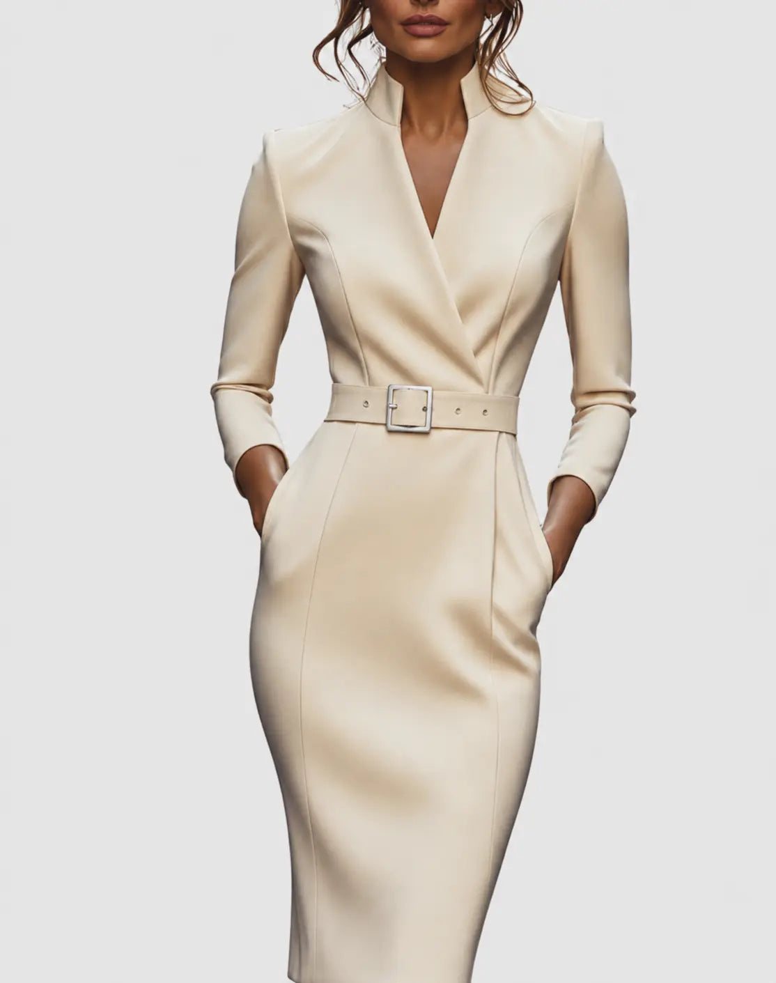 Women's Long Sleeve Pencil Midi Dress V-Neck Belted Office Work Bodycon