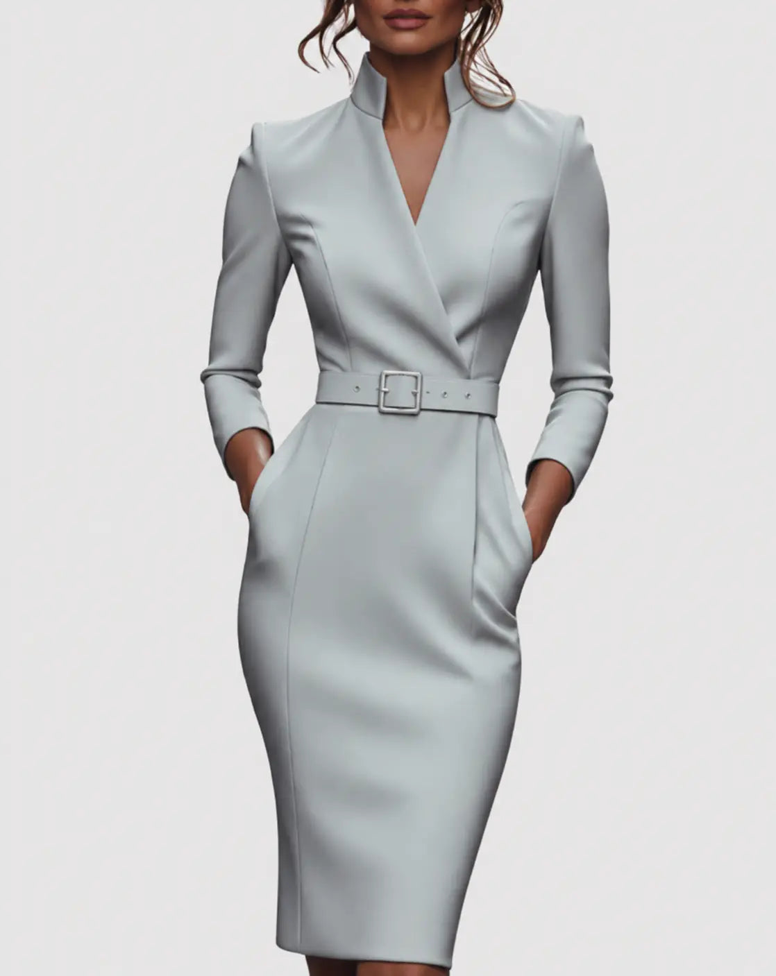 Women's Long Sleeve Pencil Midi Dress V-Neck Belted Office Work Bodycon