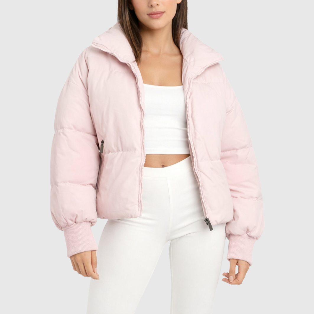 Women's Cropped Puffer Winter Jacket with Ribbed Cuffs