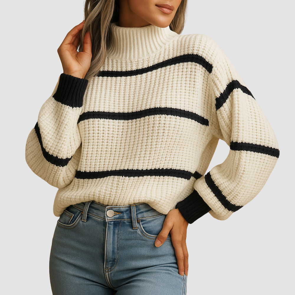 Striped high neck knit sweater for women