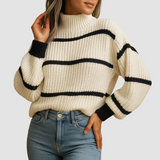 Striped high neck knit sweater for women