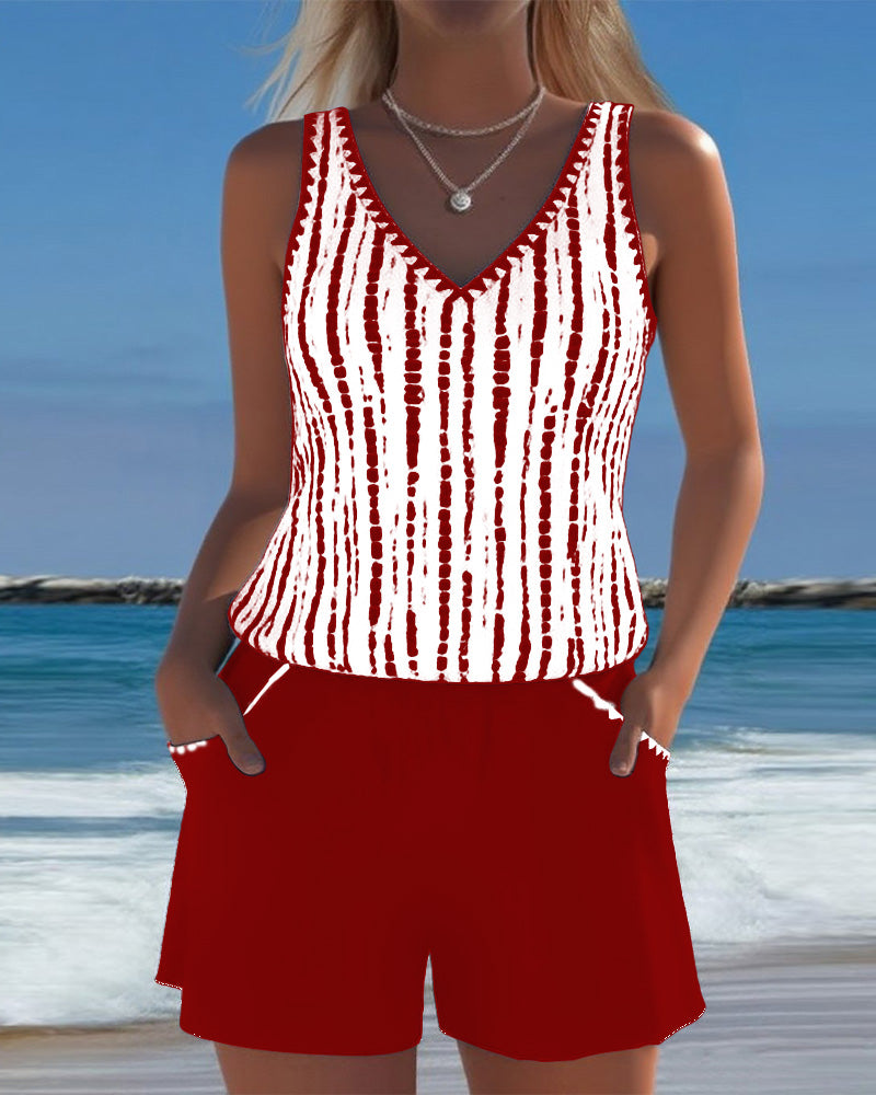 Women's V-Neck Striped Pocket Tankini Set Solid Shorts Beach Pool Vacation Resort Casual Summer Active – Nautica