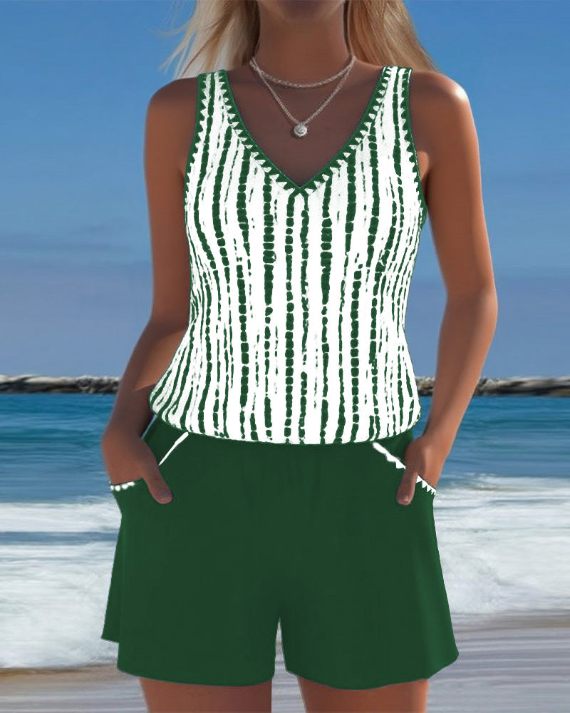 Women's V-Neck Striped Pocket Tankini Set Solid Shorts Beach Pool Vacation Resort Casual Summer Active – Nautica
