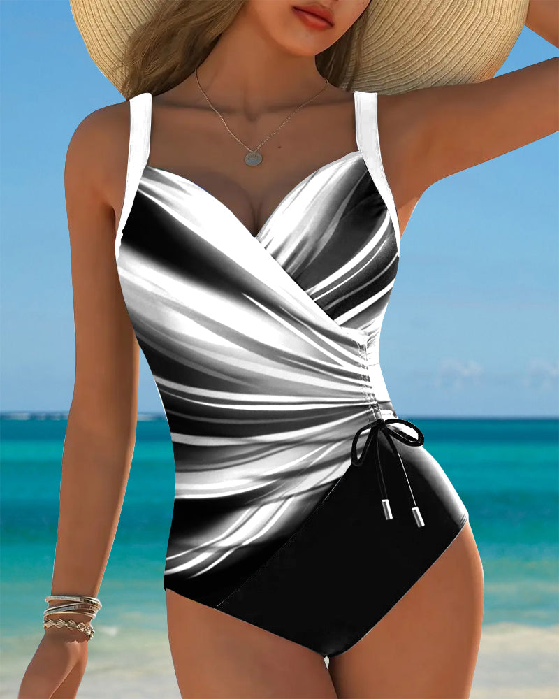 Women's Contrast Color Lace-Up One-Piece Swimsuit Wrap Front Colorblock Sleeveless Beach Summer Swimwear