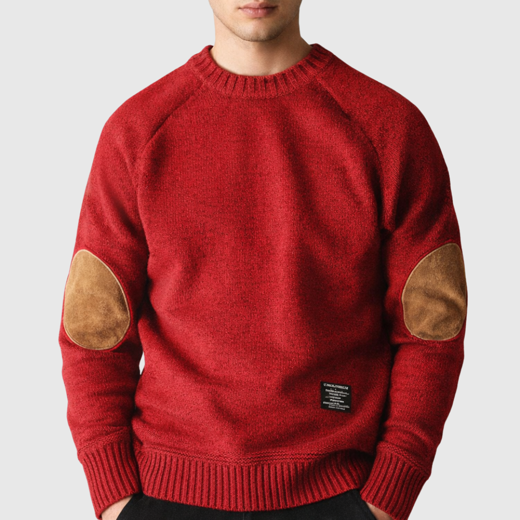 Men's crew neck sweater with elbow patches