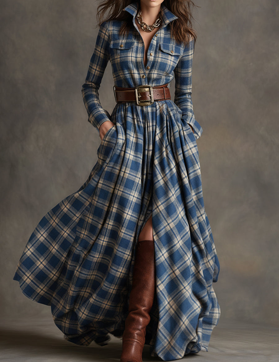 Women's Retro Ethnic Plaid Cowgirl Long Dress Lapel Belted Long Sleeve Casual Relaxed – Reddish Brown