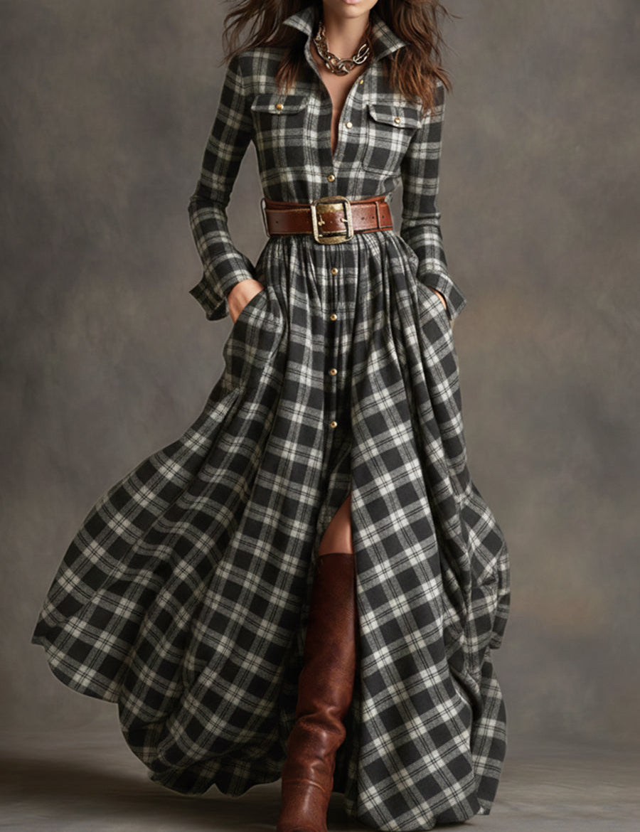 Women's Retro Ethnic Plaid Cowgirl Long Dress Lapel Belted Long Sleeve Casual Relaxed – Reddish Brown