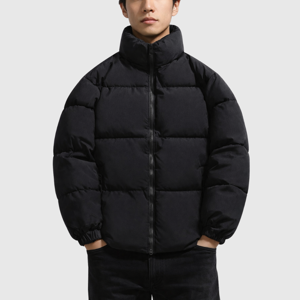 Oversized Puffer Jacket - Quilted Zip Front Side Pockets Jacket