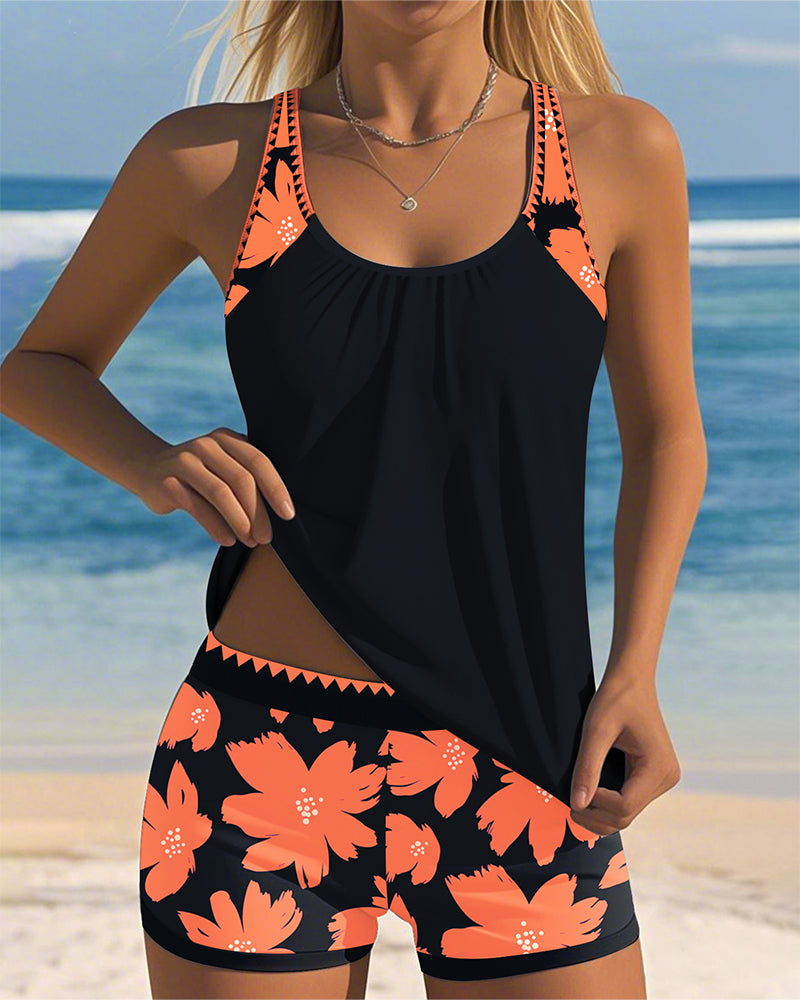 Women's U-Neck Sleeveless Loose Tankini Set Floral Boxer Shorts Beach Pool Vacation Resort Summer Active – Paradiso