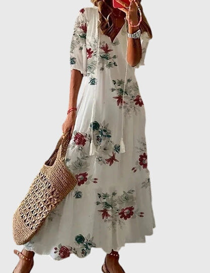 Women's Boho Vintage Summer Midi Dress Floral Print Short Sleeve Casual Feminine Chic – Amalia