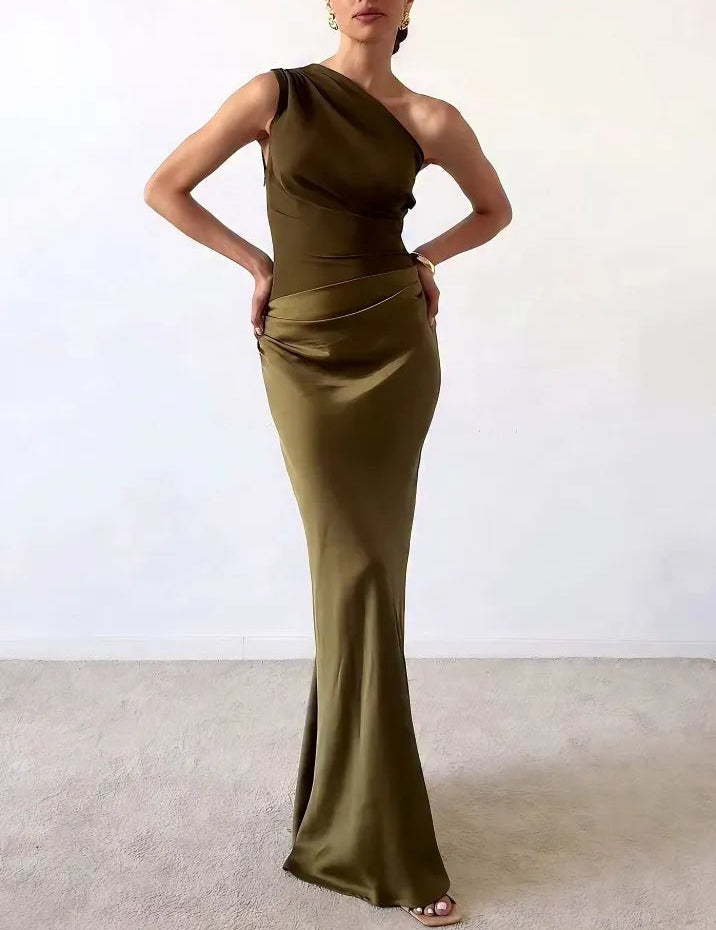 Women's One Shoulder Pleated Satin Long Dress Elegant Formal Wedding Guest Party Evening – Anita