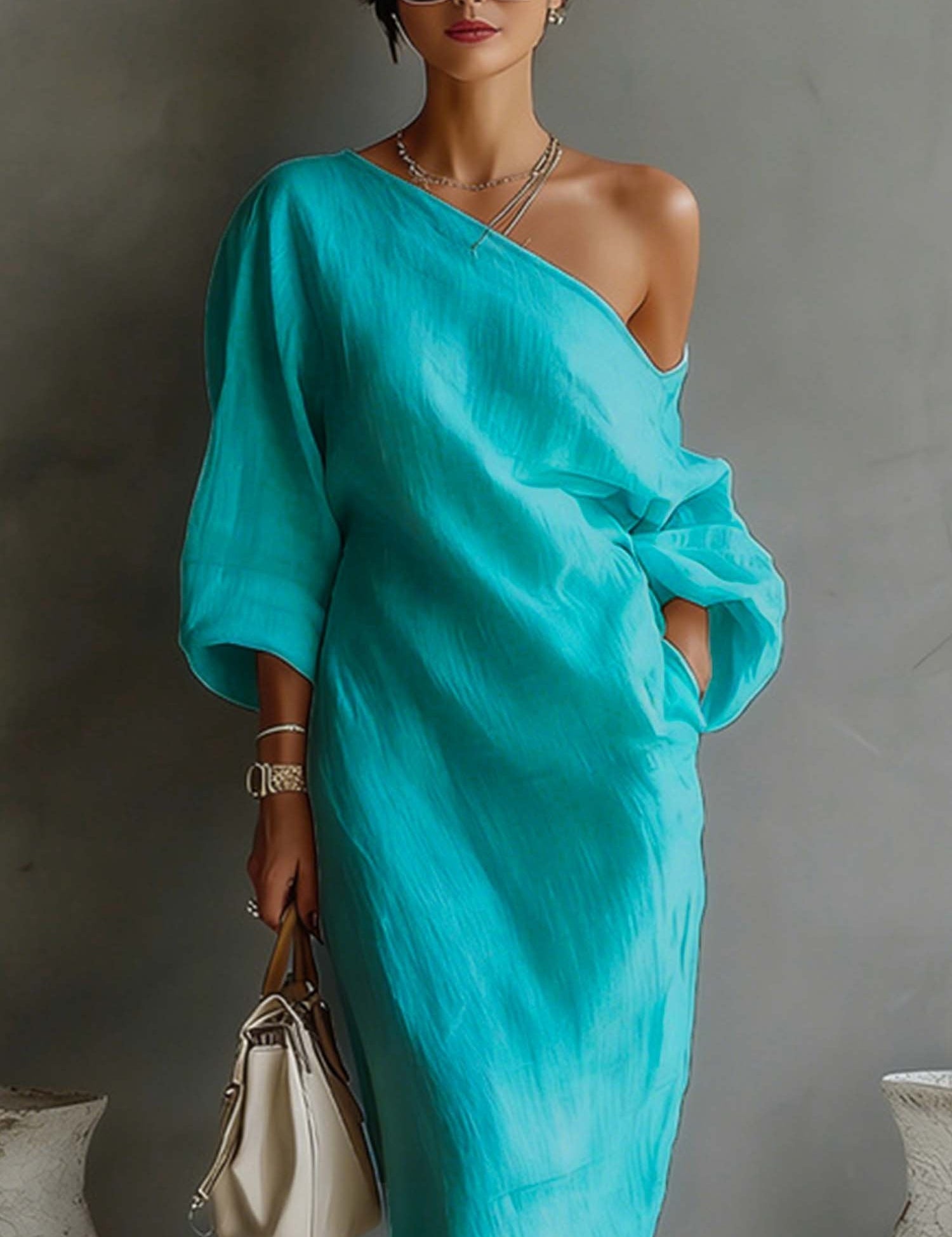 Women's Linen Balloon Sleeve Long Dress Off-Shoulder Oversized Relaxed Fit Formal Wedding Guest Beach Vacation Resort Everyday – Brisa