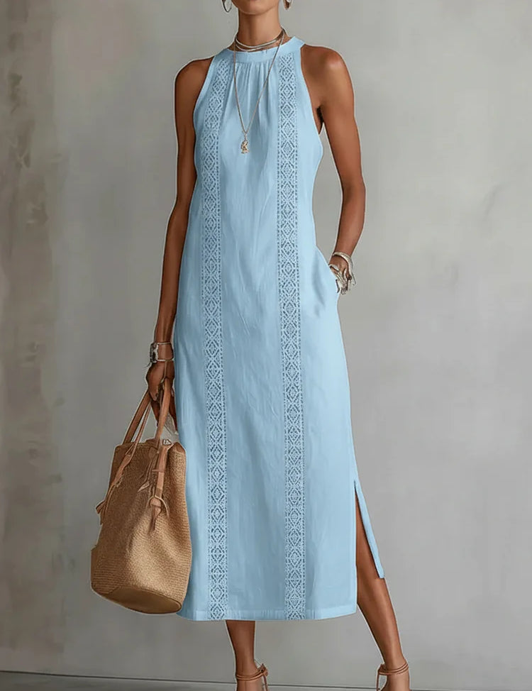 Women's Retro Minimalist Linen Midi Dress Sleeveless High Neck Lace Detail Casual Summer Beach Vacation Everyday – Celeste