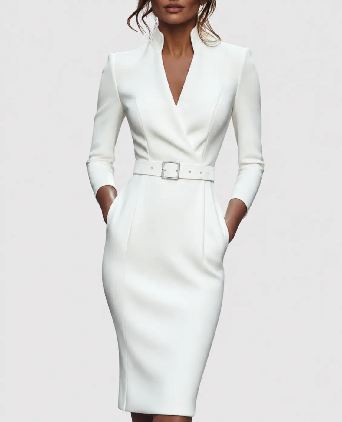 Women's Long Sleeve Pencil Midi Dress V-Neck Belted Office Work Bodycon