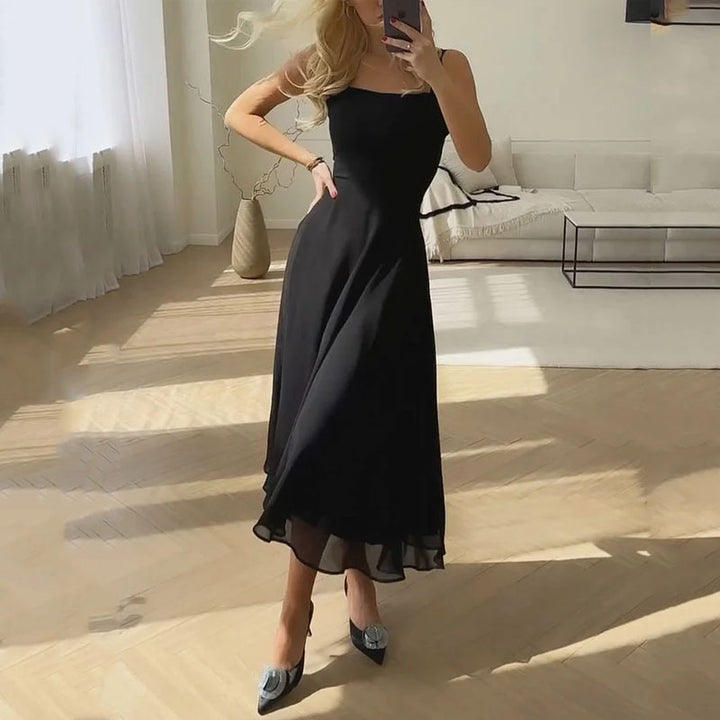 Women's Formal Party Dress Midi Wedding Guest Square Neck Fitted Bodice Fluid Skirt Elegant