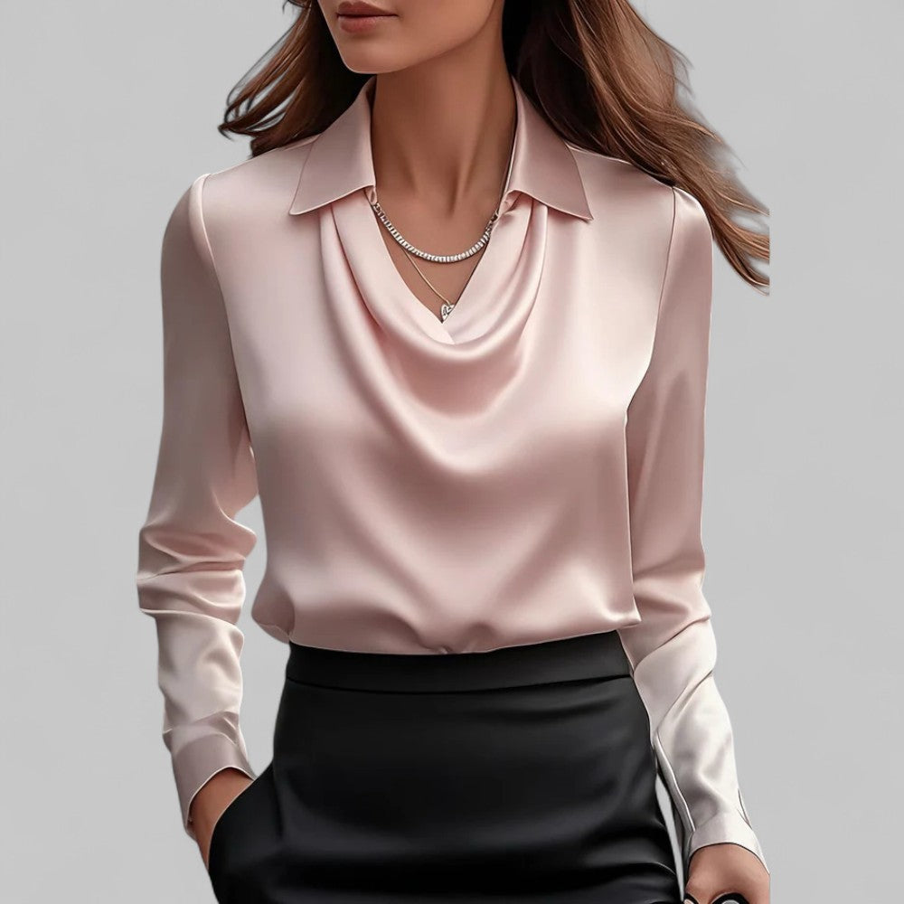 Women's Satin Draped Cowl Neck Long Sleeve Blouse Office Evening Elegant Silky Formal – Rose