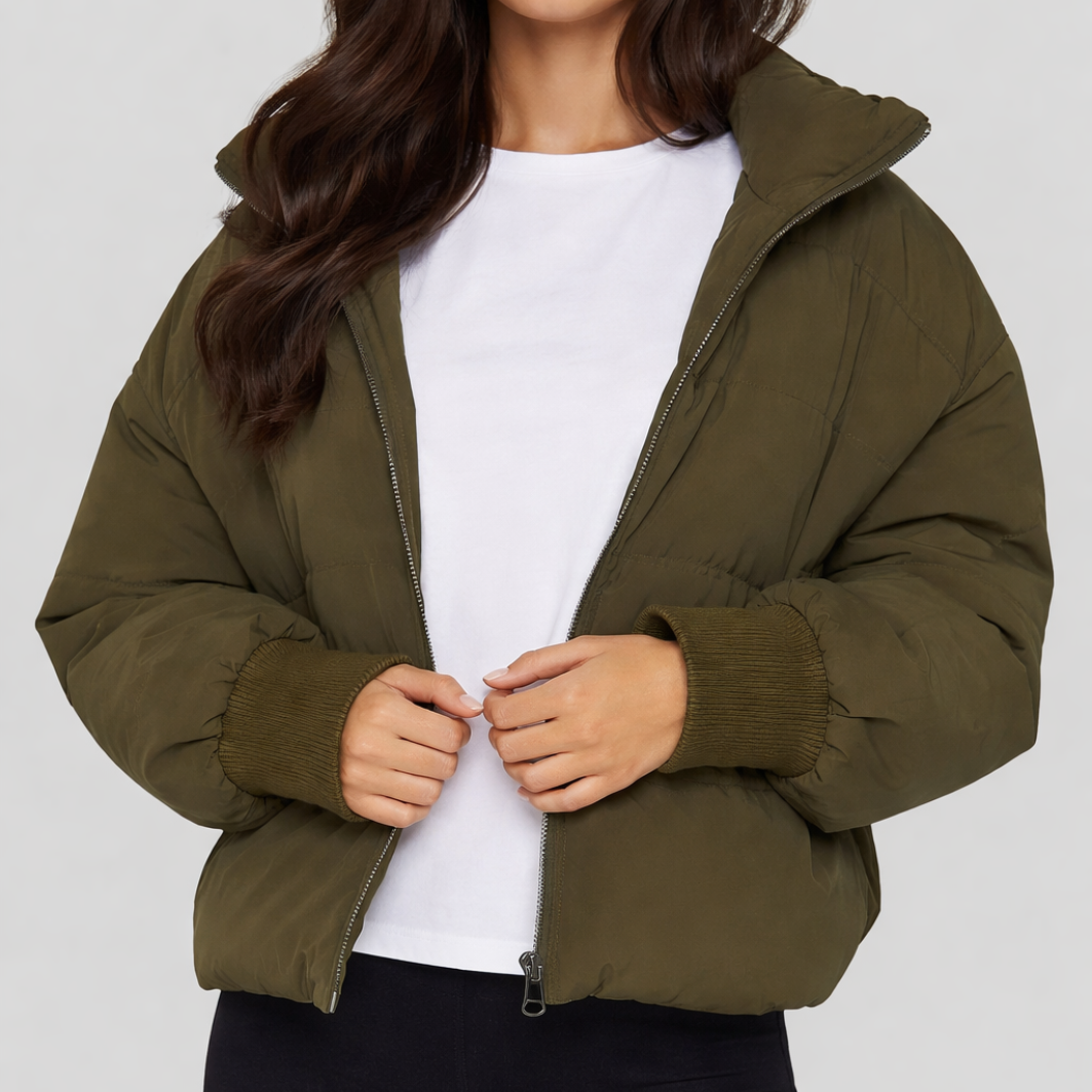 Women's Cropped Puffer Winter Jacket with Ribbed Cuffs