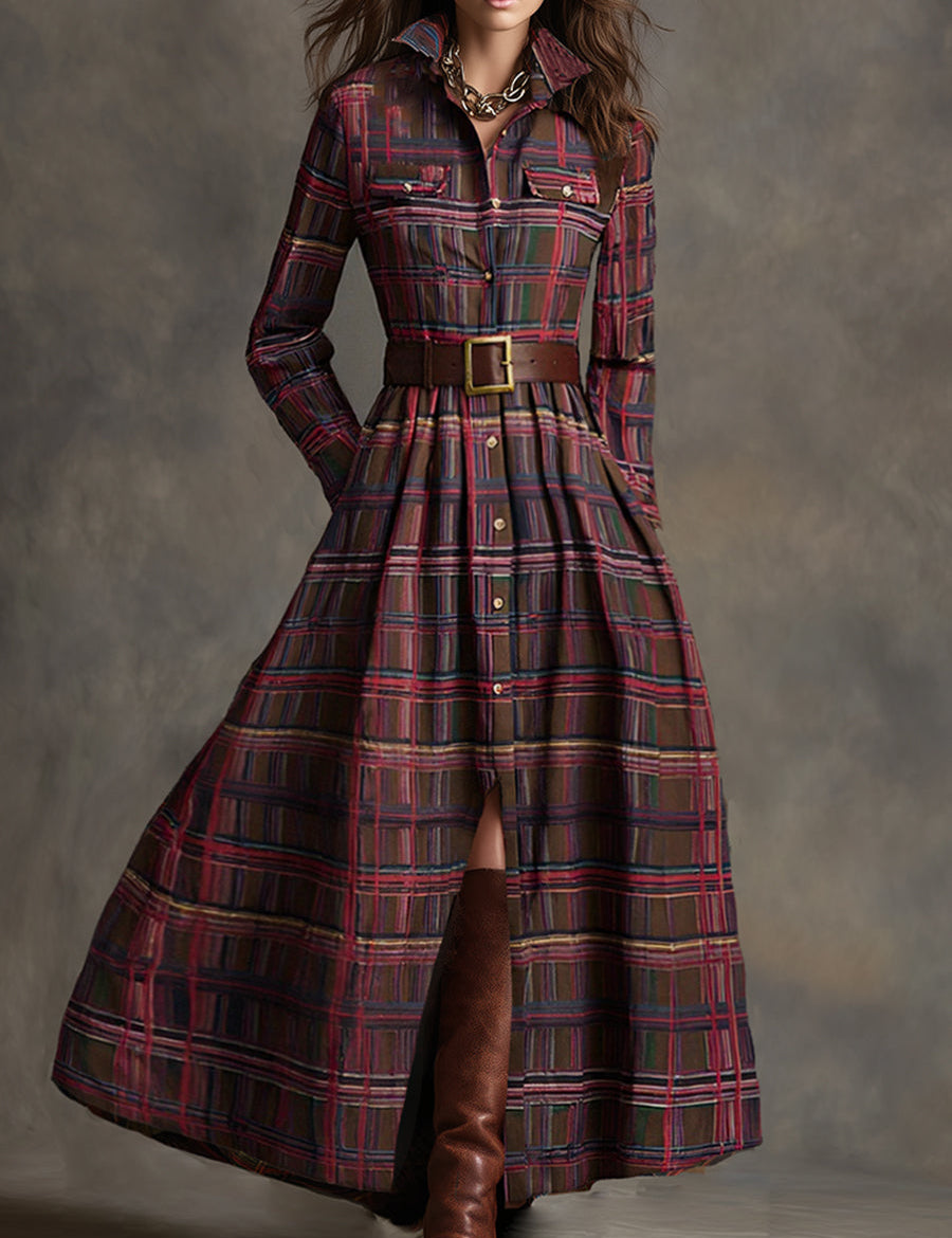 Women's Retro Ethnic Plaid Cowgirl Long Dress Lapel Belted Long Sleeve Casual Relaxed – Reddish Brown