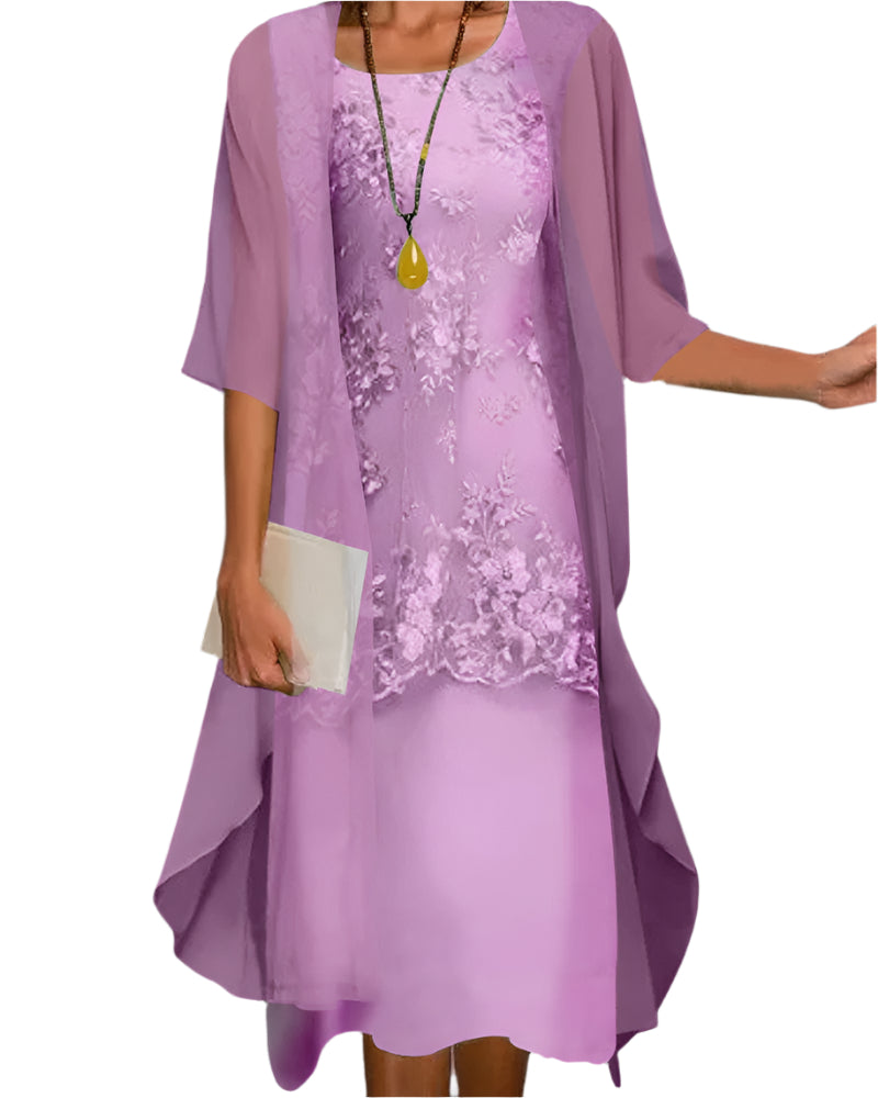 Women's Midi Wedding Guest Dress Sheer Fluid Sleeves Layered Silhouette Elegant Formal