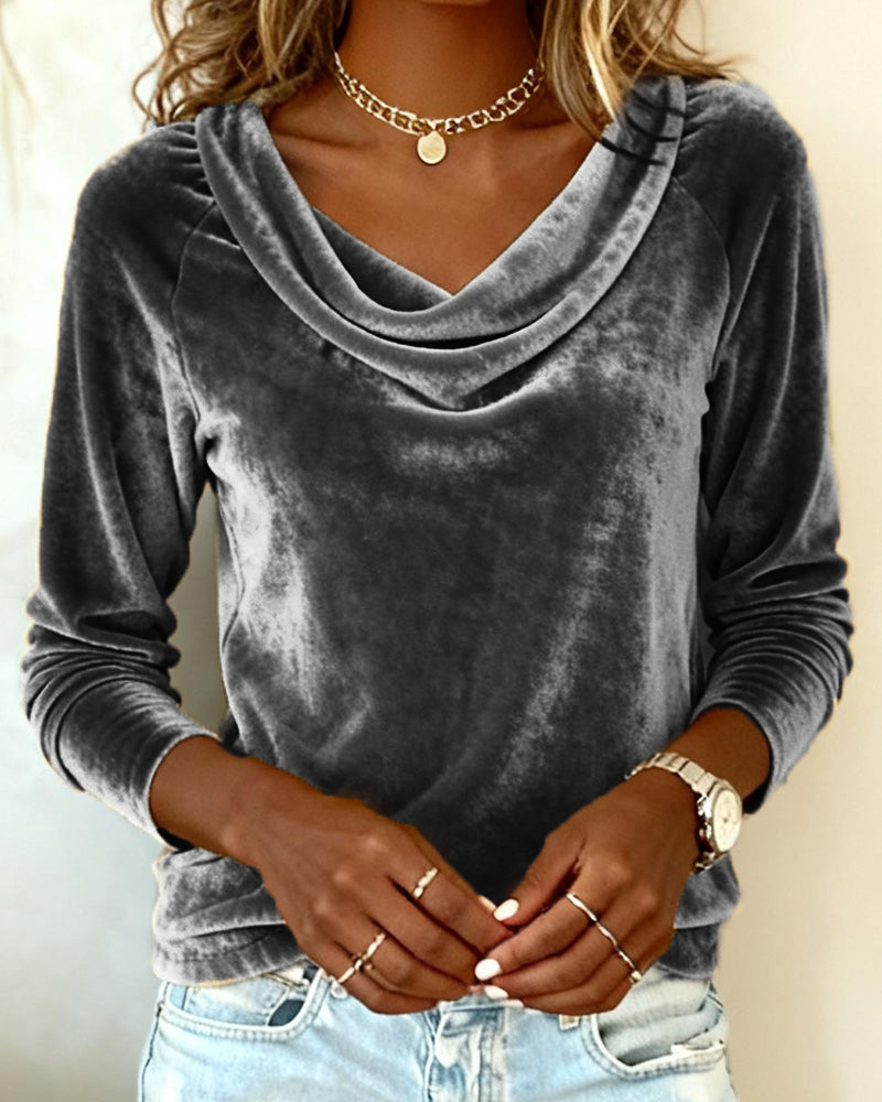 Women's Velvet Cowl Neck Long Sleeve Top Casual Elegant Everyday Work Party Holiday Festive Soft – Veloria