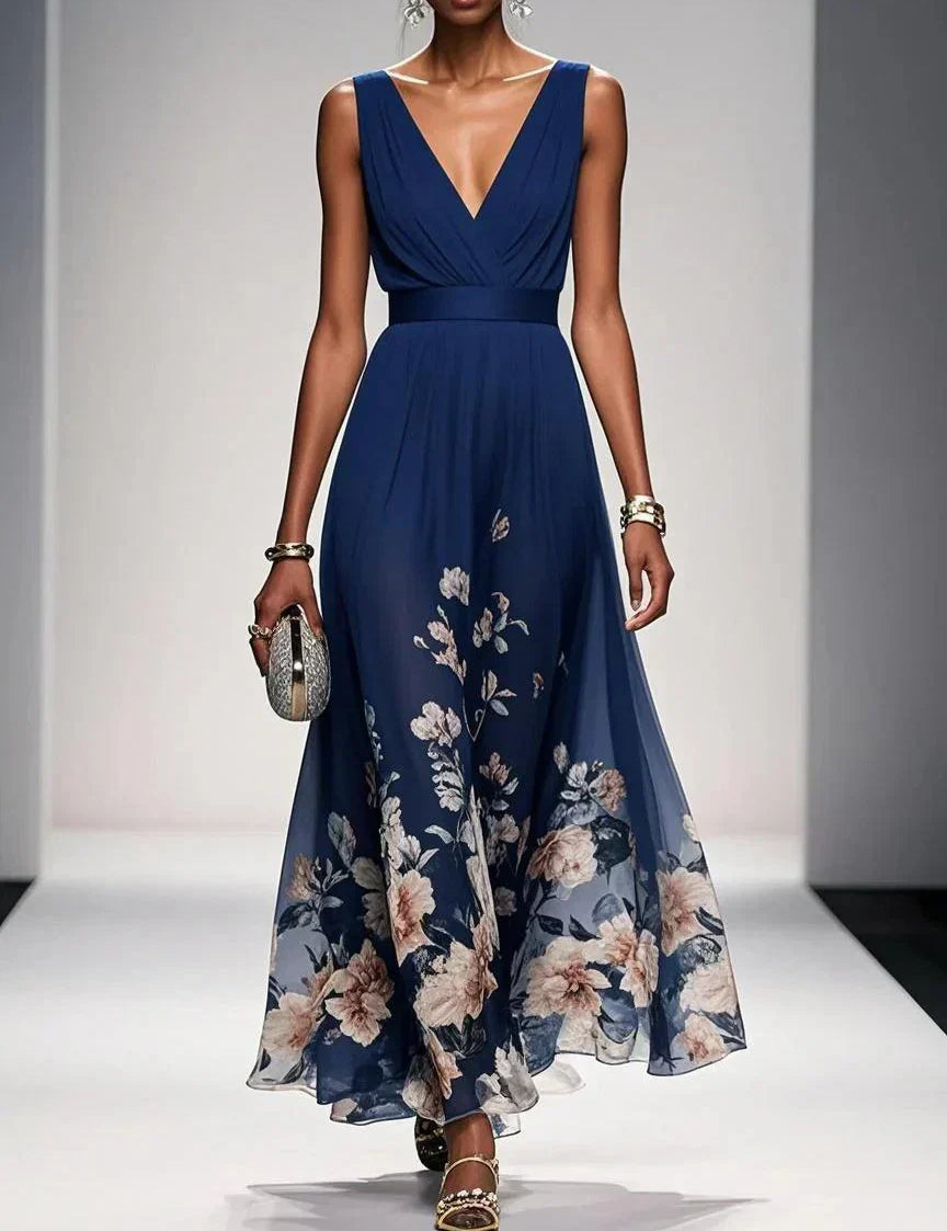 Women's Floral Long Wedding Guest Dress Fluid Feminine Romantic Elegant Ceremony Gown