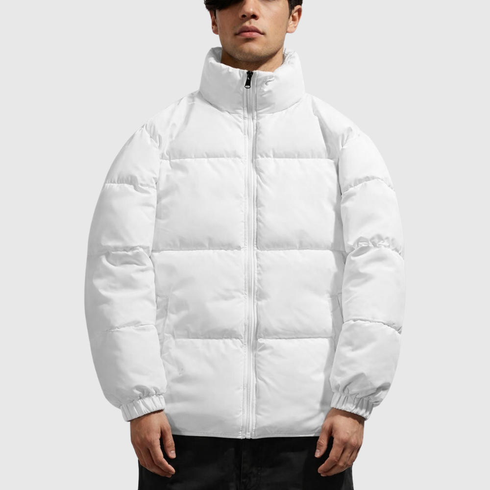 Oversized Puffer Jacket - Quilted Zip Front Side Pockets Jacket
