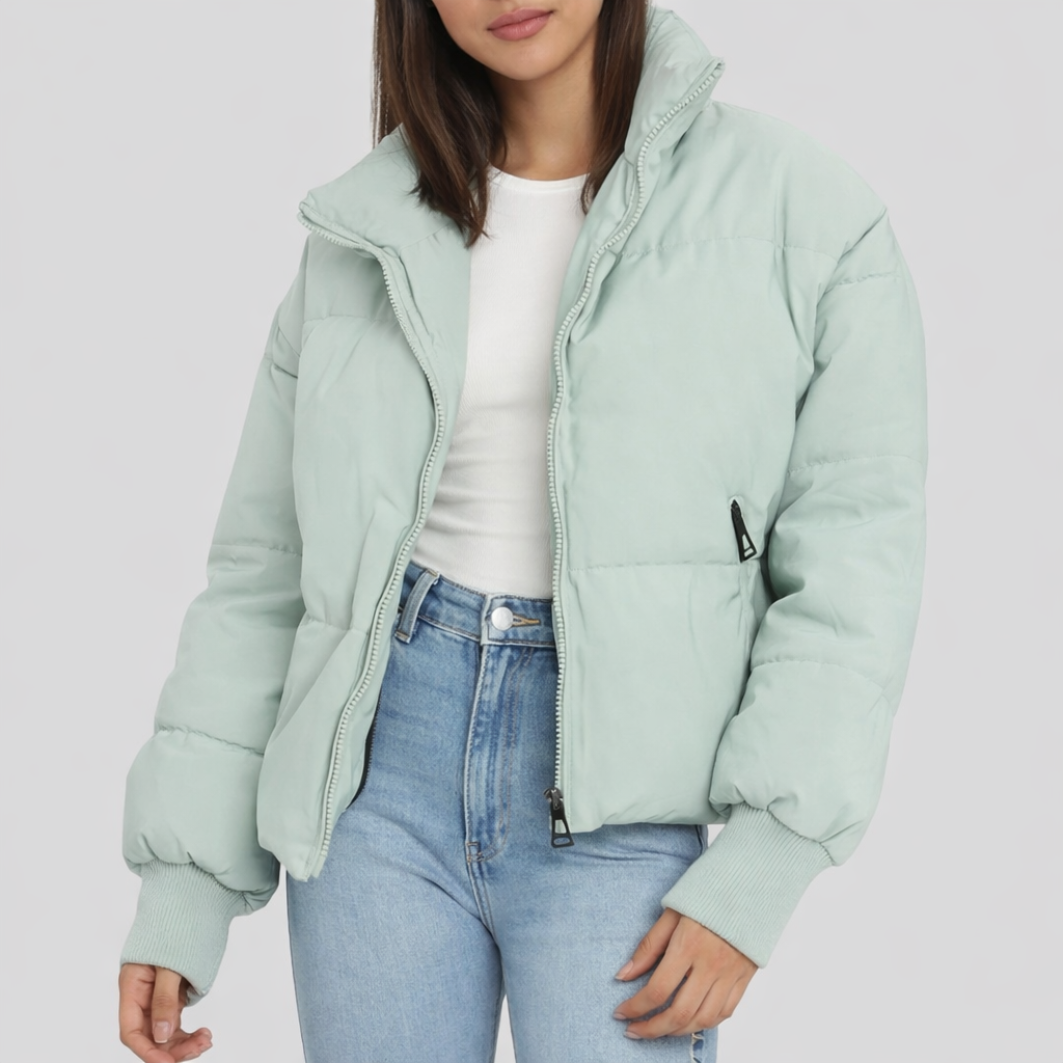 Women's Cropped Puffer Winter Jacket with Ribbed Cuffs