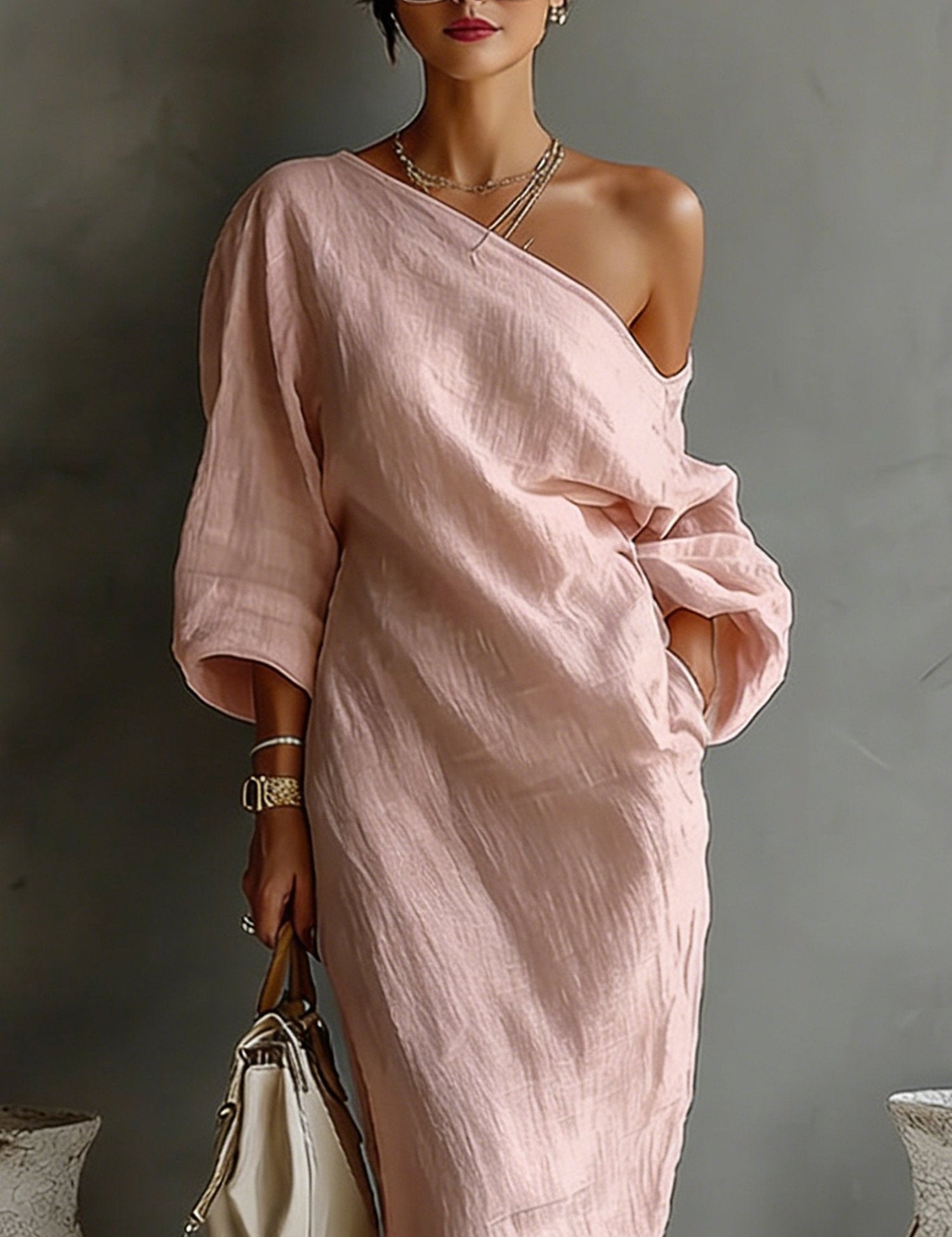 Women's Linen Balloon Sleeve Long Dress Off-Shoulder Oversized Relaxed Fit Formal Wedding Guest Beach Vacation Resort Everyday – Brisa
