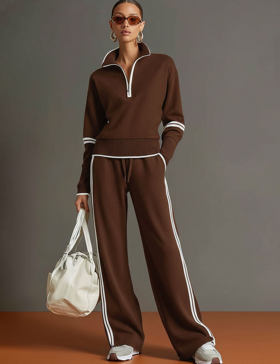Women's Half-Zip Sweatshirt Wide-Leg Pants Set Sporty Casual Athleisure Two-Piece Tracksuit