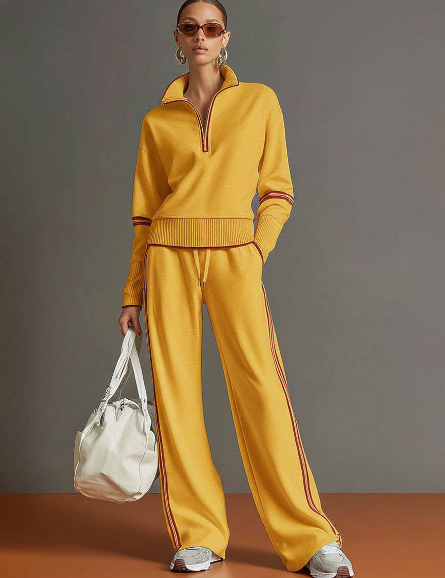 Women's Half-Zip Sweatshirt Wide-Leg Pants Set Sporty Casual Athleisure Two-Piece Tracksuit