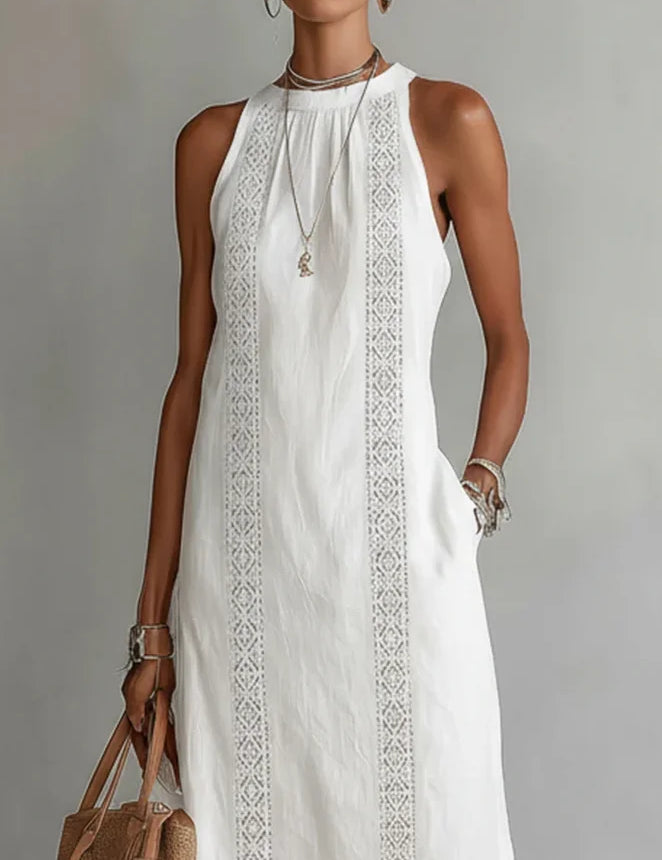 Women's Retro Minimalist Linen Midi Dress Sleeveless High Neck Lace Detail Casual Summer Beach Vacation Everyday – Celeste