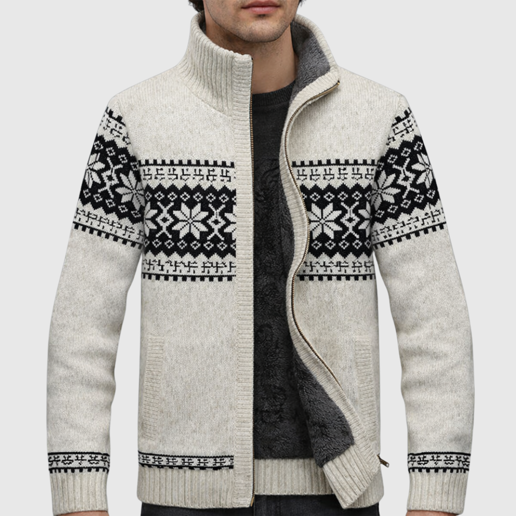 Men’s Zip-Up Sweater – Wool Blend – Sherpa Lined – Jacquard Knit – Regular Fit