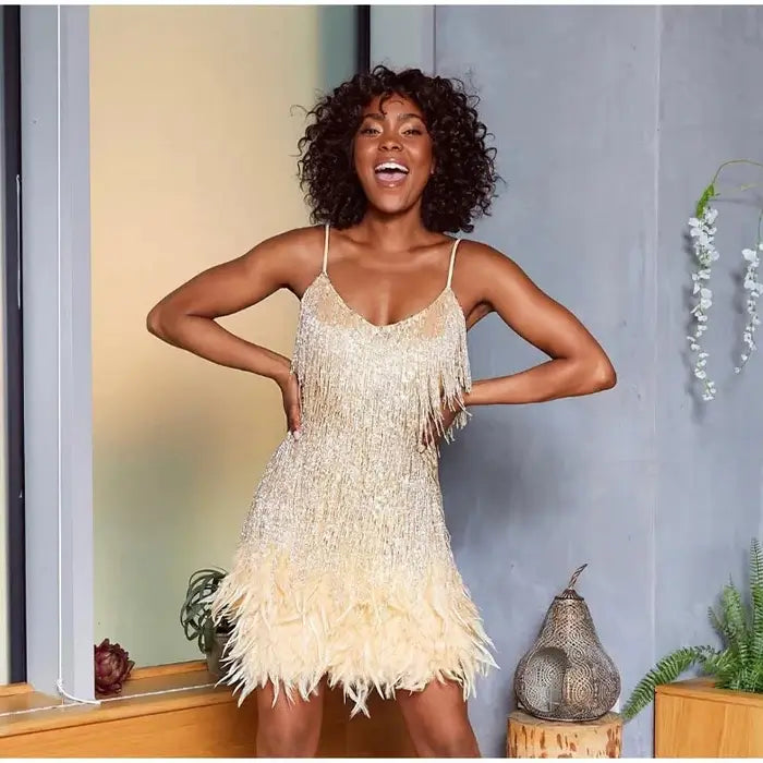 Pink Feather Sequin Mini Elegant Dress Spaghetti Straps Glam Cocktail Night Out Party Dress