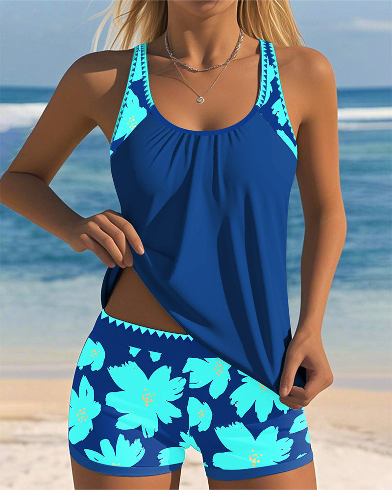 Women's U-Neck Sleeveless Loose Tankini Set Floral Boxer Shorts Beach Pool Vacation Resort Summer Active – Paradiso