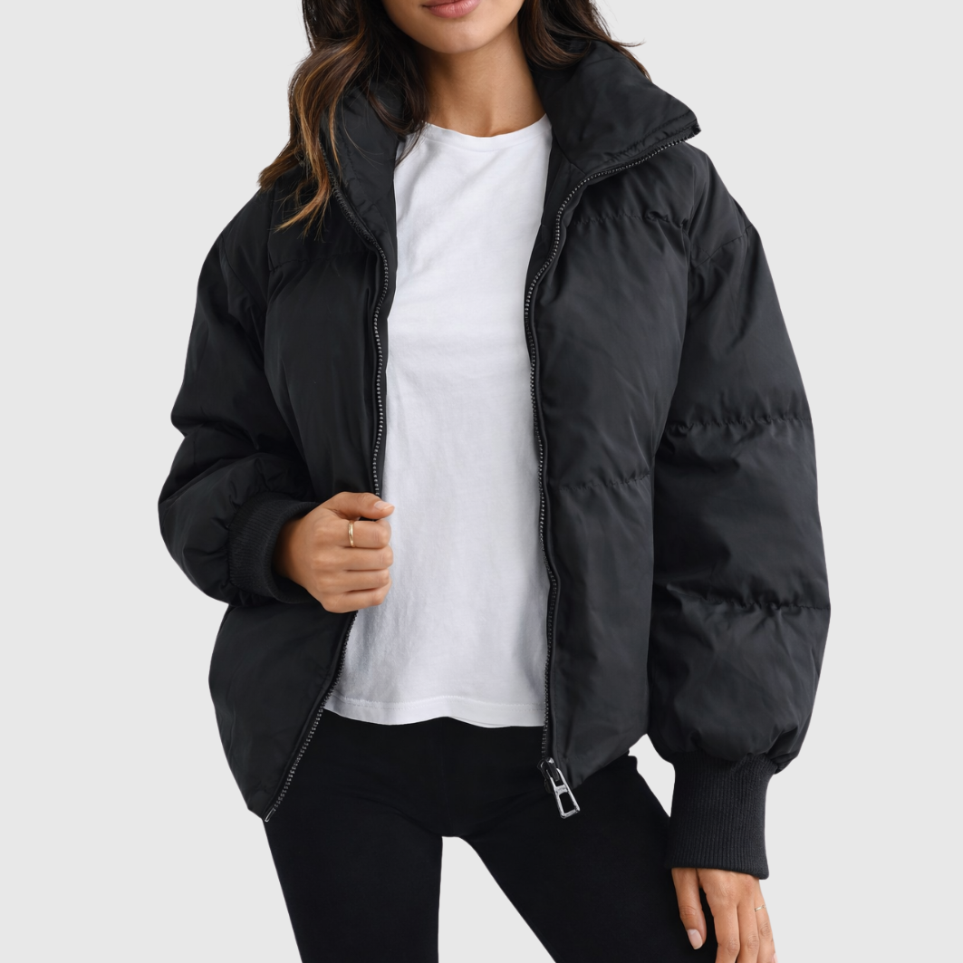 Women's Cropped Puffer Winter Jacket with Ribbed Cuffs