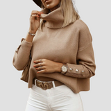Women's Turtleneck Sweater - Ribbed Knit with Button Cuff Detail