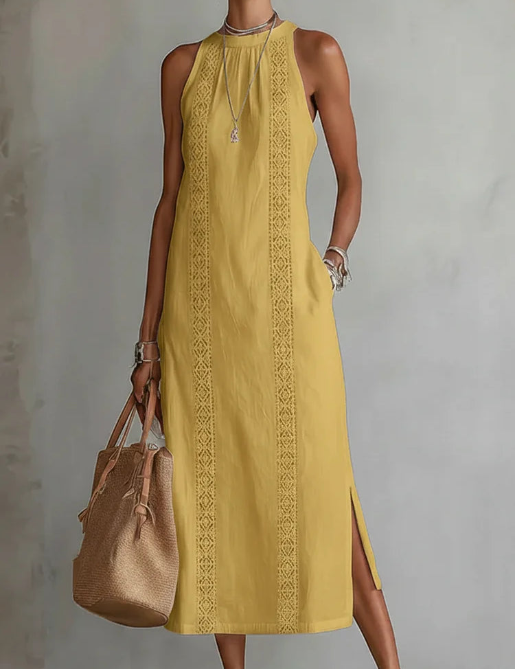 Women's Retro Minimalist Linen Midi Dress Sleeveless High Neck Lace Detail Casual Summer Beach Vacation Everyday – Celeste