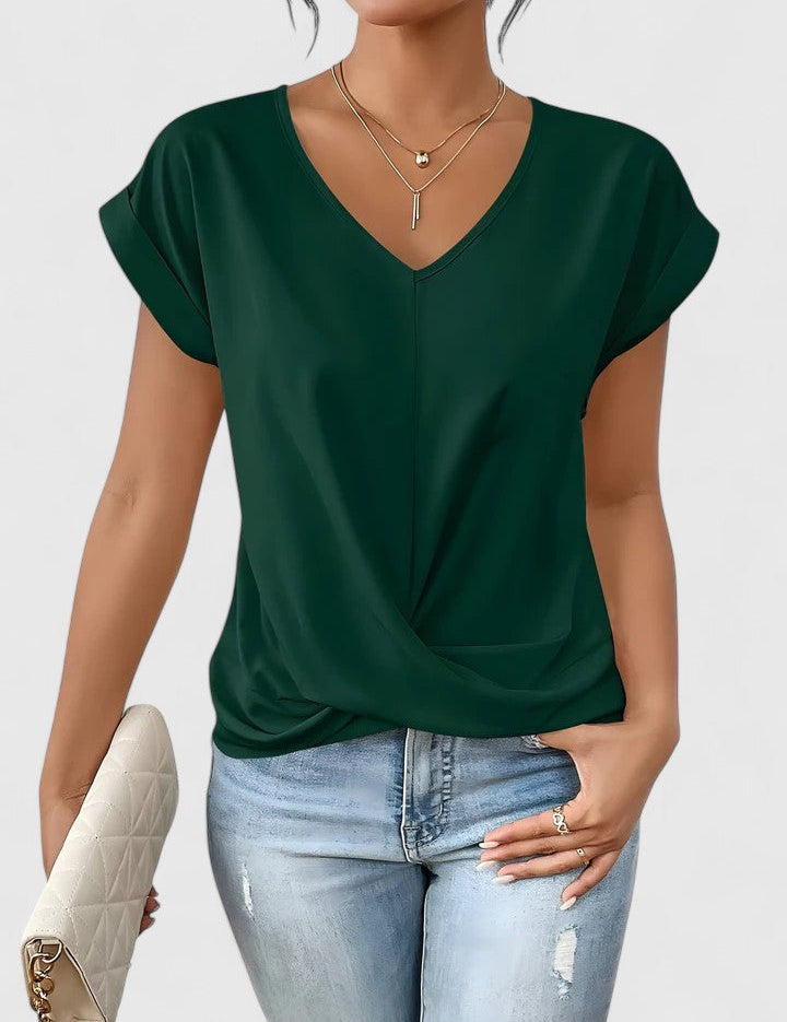 Women's V-Neck Twist Front Short Sleeve Top Soft Flattering Casual Everyday Smart Casual Layering Summer Spring – Beige Cream